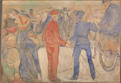 Personnes s'attroupant autour d'un homme en rouge, 1909, Edvard Munch