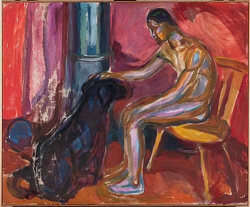 Homme nu assis avec chien, 1916, Edvard Munch
