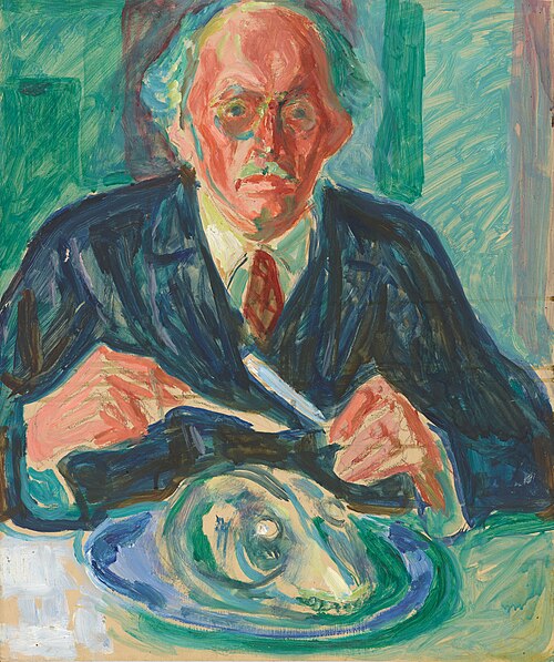 Autoportrait à la tête de chien sur une assiette, 1940, Edvard Munch