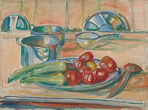 Nature morte aux tomates, poireaux et casseroles, 1926, Edvard Munch