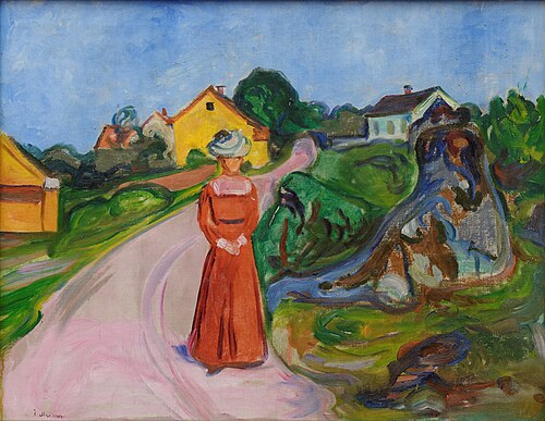 rue d'Åsgårdstrand et Femme en robe rouge, 1902, Edvard Munch