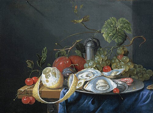 Still life with fruit and oysters on a pewter plate, 1655, G. van Deynum