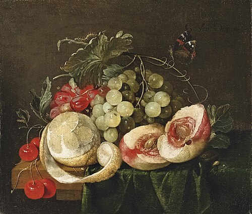 A peeled lemon, open peach, grapes and cherries, with a butterfly, on a partly-draped table, 1655, G. van Deynum
