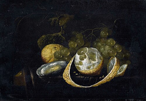 Still life with grapes, lemons and oyster, 1650, G. van Deynum