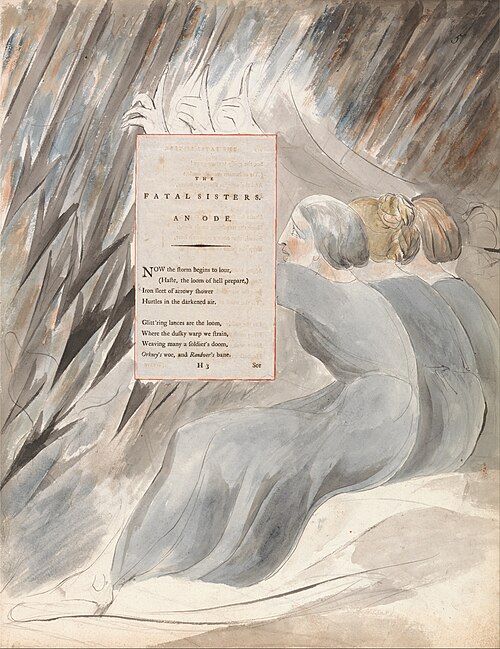 The Poems of Thomas Gray, Design 71, "The Fatal Sisters.", 1797, William Blake
