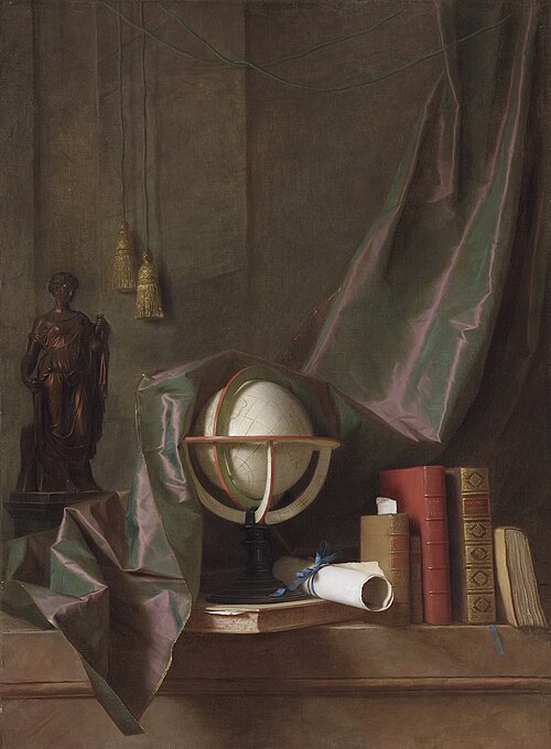 A globe, books and statuette on a ledge in an interior, veiled by a curtain, 1814, Thomas Germain Joseph Duvivier
