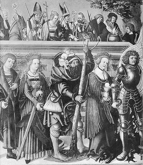 Die vierzehn Nothelfer (Anmontierte Rückseite: Der hl. Philippus weigert sich, den Götzen zu opfern), 1520, Master of The Legend of St Philip