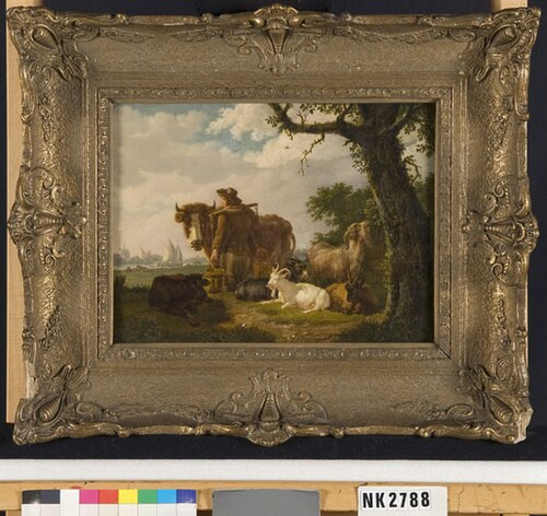 Rivierlandschap met vee en een man met juk, 1824, Isaac Uyttenbogaert