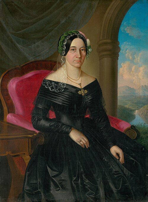 Podobizeň sediacej dámy s krajinou v pozadí, 1870, Peter Michael Bohun
