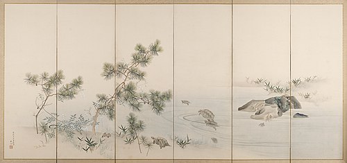 Cranes [left of a pair of Cranes and Tortoises], 1780, Genki (peintre)