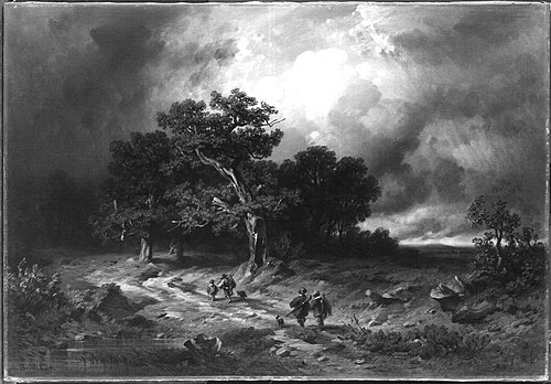 Gewitterlandschaft mit heimziehenden Jägern, 1884, August Seidel