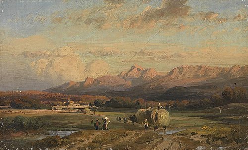 Erntelandschaft mit dem Wendelstein in der Abendsonne, 1865, August Seidel