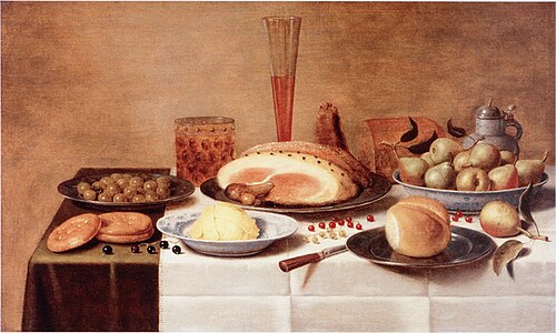 Still life with a ham on a laid table, 1650, Floris van Schooten