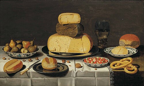 Laid table with cheese, bread, fruit and a roemer, 1650, Floris van Schooten