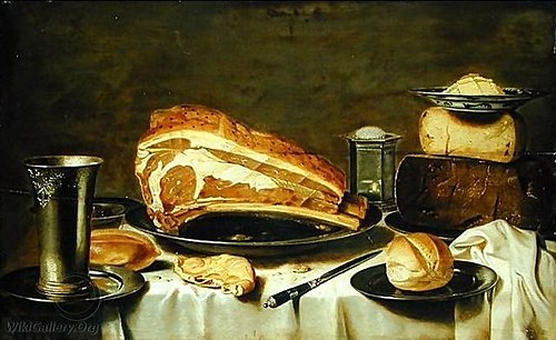 Still life of a laid table with cheese, meat and bread, 1650, Floris van Schooten