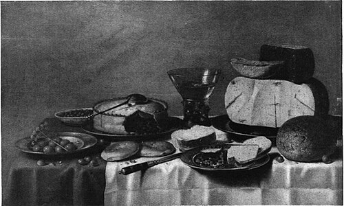 Still life of pie, cheese, bread and olives on a laid table, 1650, Floris van Schooten
