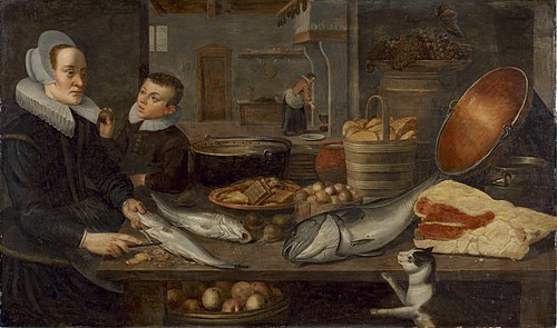 A kitchen still life with a maid cleaning fish at a table and a boy holding an apple, 1650, Floris van Schooten