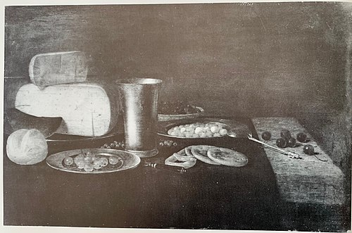 Still life with cheese, chalice and spoon, 1650, Floris van Schooten