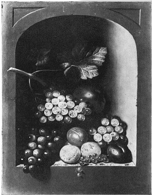 Still life of fruit in a stone niche, 1650, Floris van Schooten