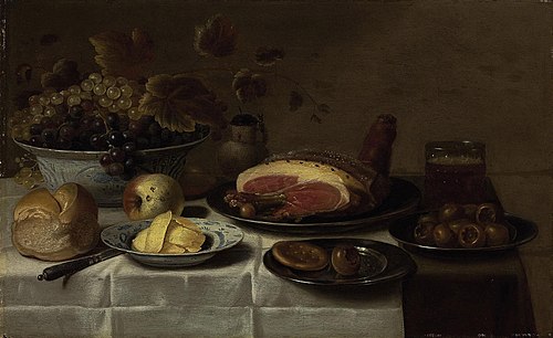 Still life of fruit and ham on a laid table, 1650, Floris van Schooten
