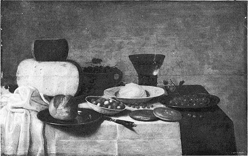 Still life of a laid table with cheese, 1650, Floris van Schooten