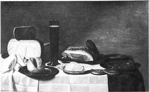 Still life of a laid table with cheese, 1650, Floris van Schooten