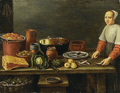 Kitchen still life with a woman cleaning a fish, 1650, Floris van Schooten