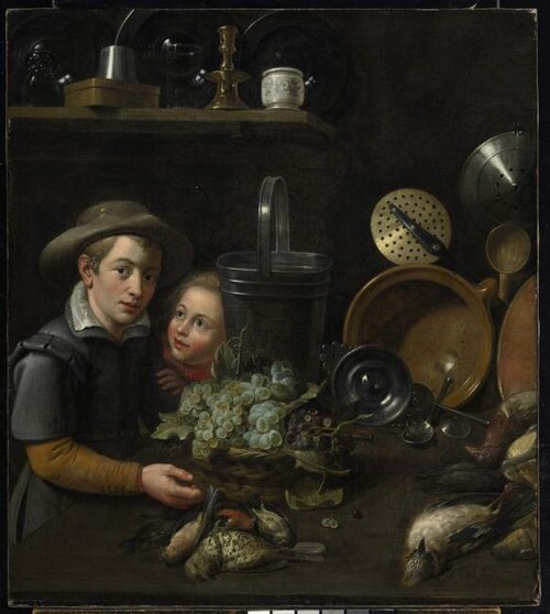 Kitchen still life with two children, 1630, Floris van Schooten