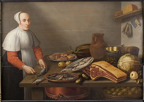 Kitchen piece with woman cleaning a fish, , Floris van Schooten