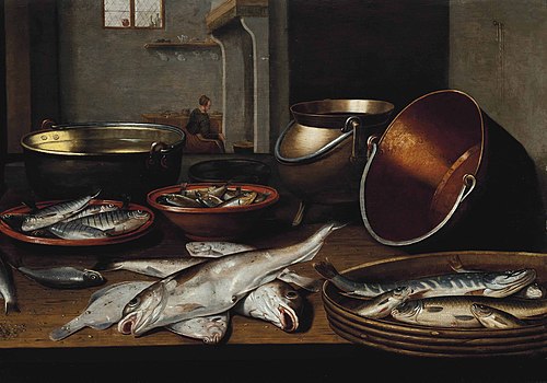 A kitchen interior with fish and utensils on a table, 1650, Floris van Schooten