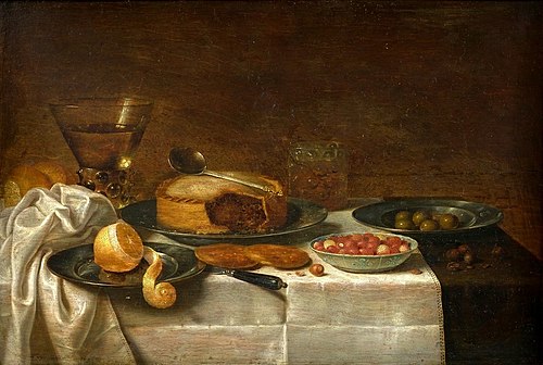 Still life with pie on a laid table, 1633, Floris van Schooten