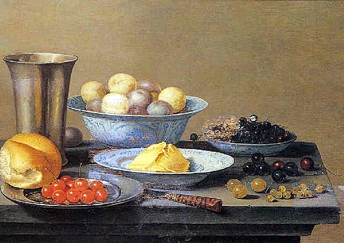 Still life of fruit served in kraak porcelain, , Floris van Schooten