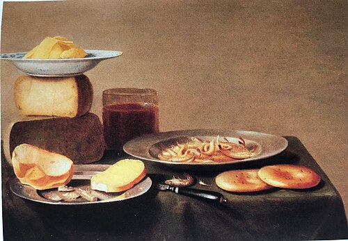 Still life of butter, cheese, bread, shrimp and biscuits, 1642, Floris van Schooten