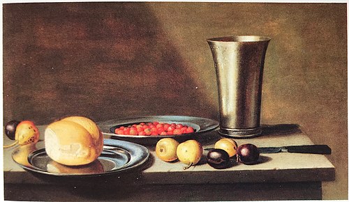Still life with fruit, bread and a silver chalice, 1642, Floris van Schooten