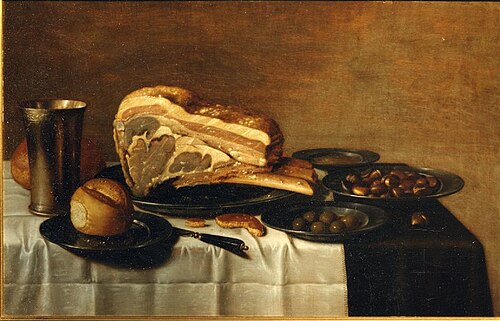 Breakfast with roast meat, bread, olives and chestnuts, 1650, Floris van Schooten