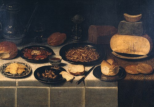 Verfallen.Stilleben mit Brot, Käse, Garnelen und Krabben, 1656, Floris van Schooten