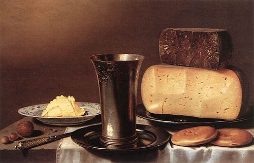 Nature morte au verre, fromage, beurre et gâteau, 1625, Floris van Schooten