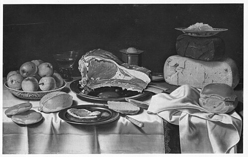 Still life with grilled rib, cheese, apples and bread, 1630, Floris van Schooten