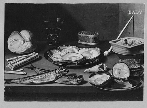 Still Life with smoked herring, oysters and smoker's gear, 1625, Floris van Schooten