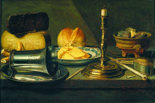 Still Life with Cheese, Candlestick and Tobacco, 1630, Floris van Schooten