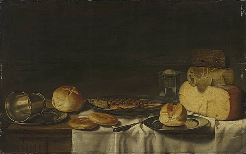 Still life of laid table with cheese, 1635, Floris van Schooten