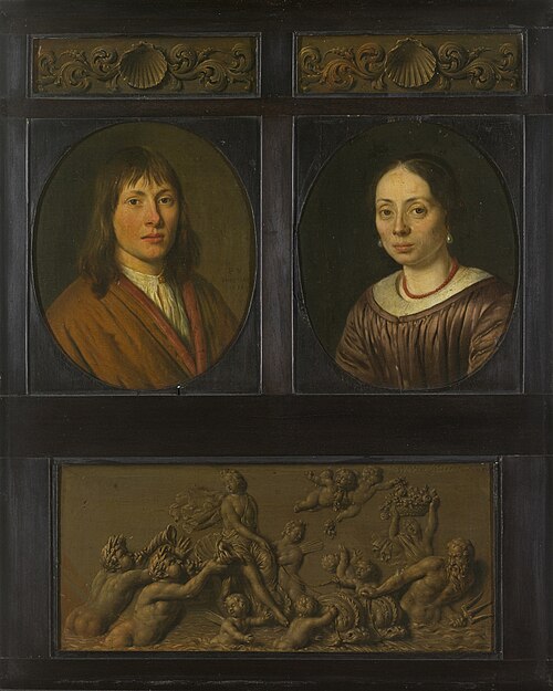 Portrait d'un homme et d'une femme avec deux motifs de frise d'ornement, un motif de coquille et un , 1690, Pieter Cornelisz van Slingelan