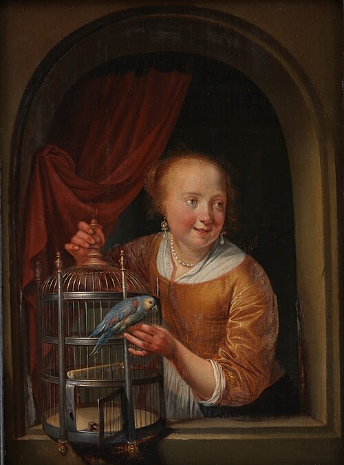 Girl with a Parrot, 1673, Pieter Cornelisz van Slingelan
