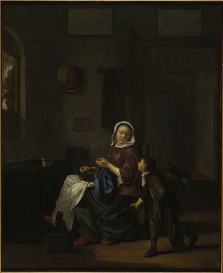 Mother, sewing, 1674, Pieter Cornelisz van Slingelan