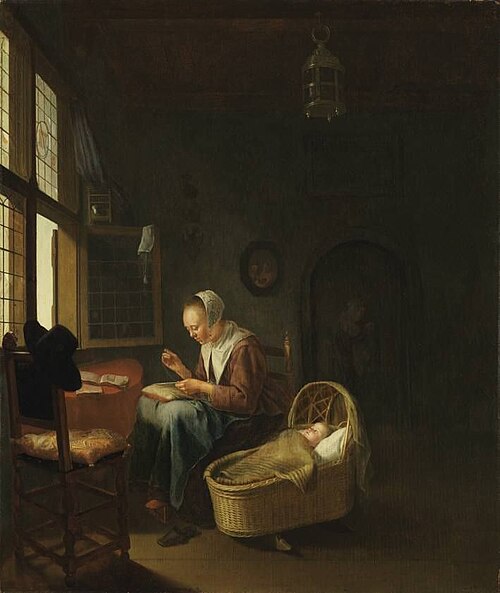 Eine nähende Mutter mit ihrem Kind, 1670, Pieter Cornelisz van Slingelan
