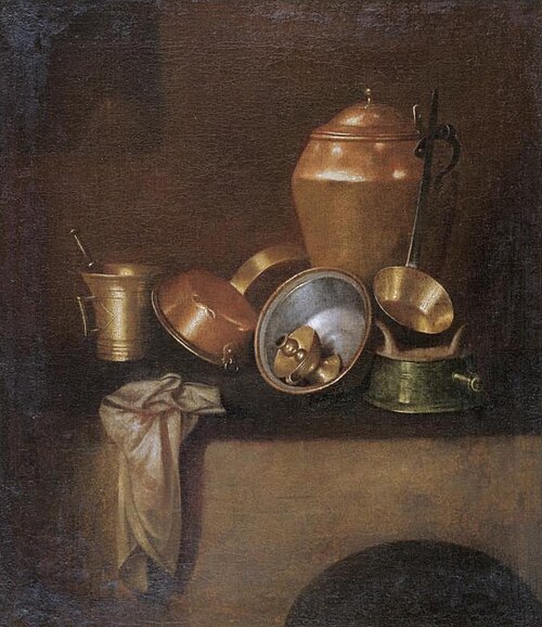 Still-life with various copper cooking utensils on a hearth / Kitchen utensils on top of an oven, , Martin Dichtl
