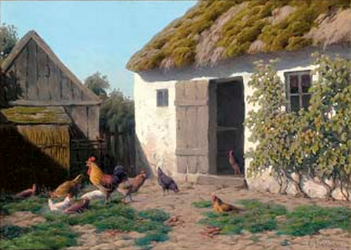 A cockerel and hens feeding in a farmyard., 1877, Carl Frederick Bartsch