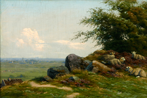 A Danish summer landscape with grazing sheep on a hill., 1877, Carl Frederick Bartsch