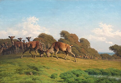Two stags wrestling on a plain in the Dyrehaven., 1877, Carl Frederick Bartsch