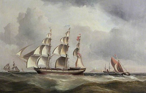 Three-Masted Ship near a Lighthouse, , James Wilson Carmichael